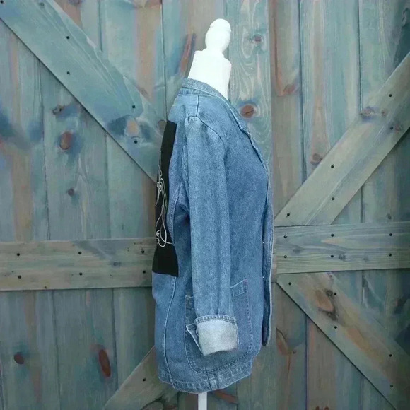 Upcycled Denim Jacket Woman Reading Book Back Patch Vintage Jean Blazer Small - Picture 5 of 9